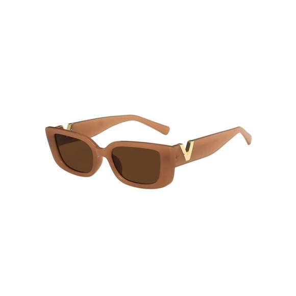 Chic Retro Rectangle Sunglasses - Light Brown with Gold V   UV 400 protection main image 12